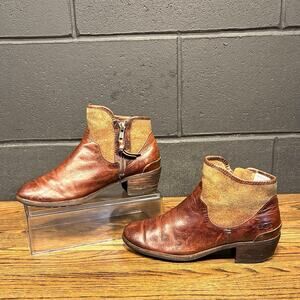 UGG Penelope Brown Leather Ankle Boots 7 Side Zip Shearling Lined Low Heel